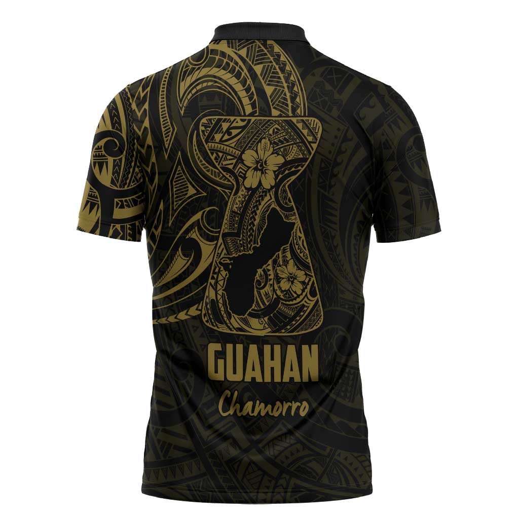 Gold Guam Latte Stone Tribal Tattoo Zipper Polo Shirt Hafa Adai Six 7 One LT9 - Polynesian Pride