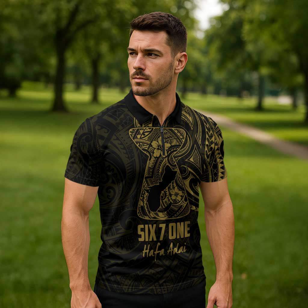 Gold Guam Latte Stone Tribal Tattoo Zipper Polo Shirt Hafa Adai Six 7 One LT9 - Polynesian Pride