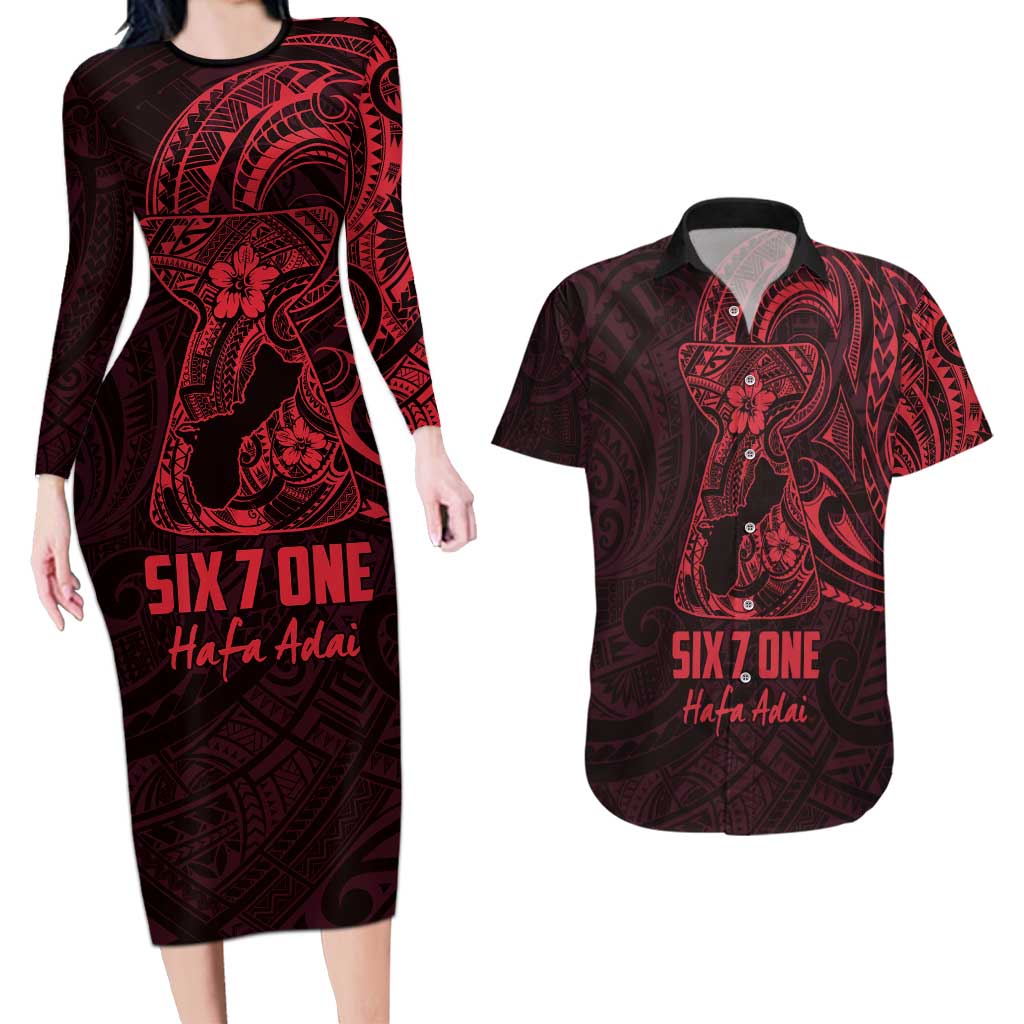 Oxblood Guam Latte Stone Tribal Tattoo Couples Matching Long Sleeve Bodycon Dress and Hawaiian Shirt Hafa Adai Six 7 One LT9 Oxblood - Polynesian Pride