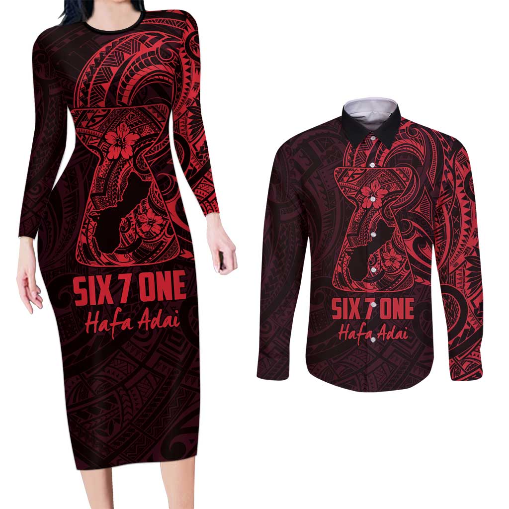 Oxblood Guam Latte Stone Tribal Tattoo Couples Matching Long Sleeve Bodycon Dress and Long Sleeve Button Shirt Hafa Adai Six 7 One LT9 Oxblood - Polynesian Pride