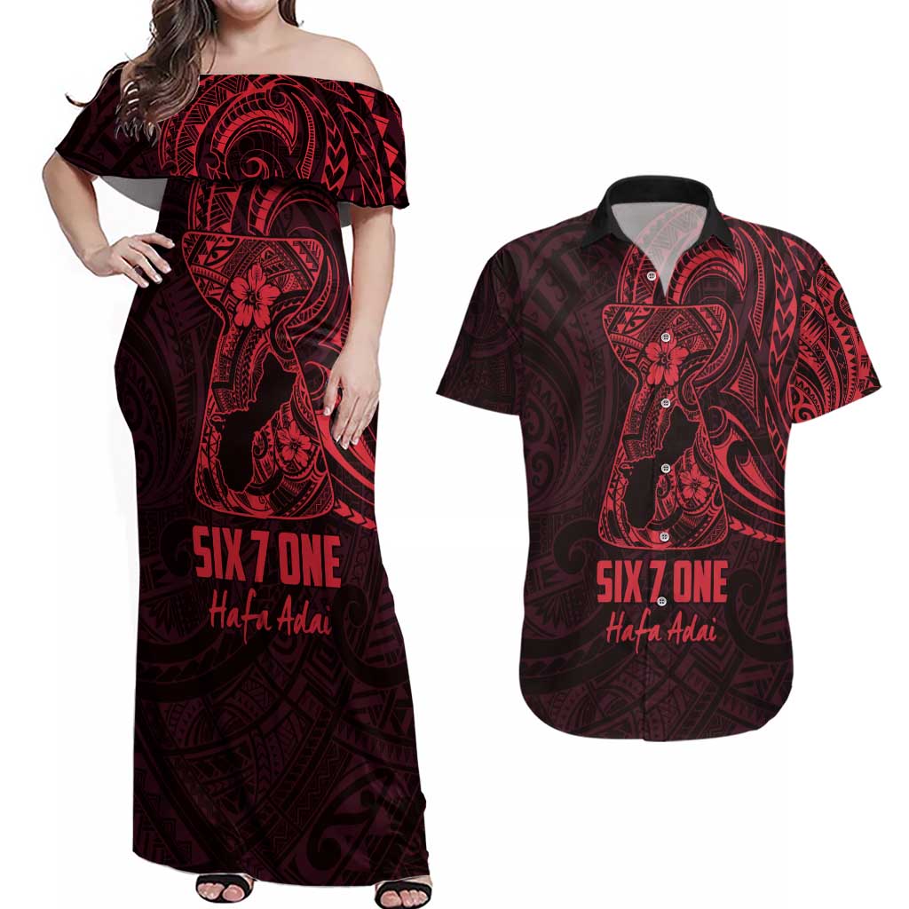 Oxblood Guam Latte Stone Tribal Tattoo Couples Matching Off Shoulder Maxi Dress and Hawaiian Shirt Hafa Adai Six 7 One LT9 Oxblood - Polynesian Pride