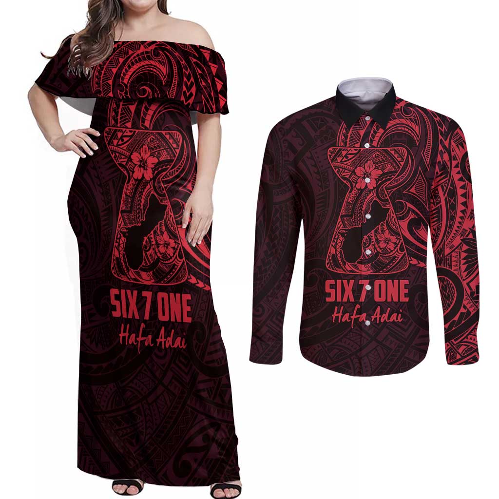 Oxblood Guam Latte Stone Tribal Tattoo Couples Matching Off Shoulder Maxi Dress and Long Sleeve Button Shirt Hafa Adai Six 7 One LT9 Oxblood - Polynesian Pride