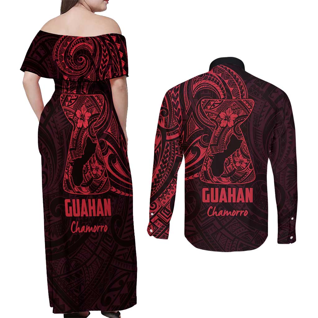 Oxblood Guam Latte Stone Tribal Tattoo Couples Matching Off Shoulder Maxi Dress and Long Sleeve Button Shirt Hafa Adai Six 7 One LT9 - Polynesian Pride