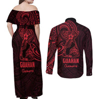 Oxblood Guam Latte Stone Tribal Tattoo Couples Matching Off Shoulder Maxi Dress and Long Sleeve Button Shirt Hafa Adai Six 7 One LT9 - Polynesian Pride