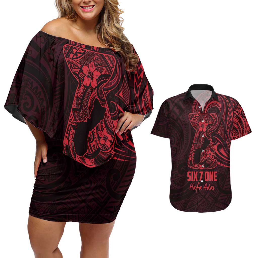 Oxblood Guam Latte Stone Tribal Tattoo Couples Matching Off Shoulder Short Dress and Hawaiian Shirt Hafa Adai Six 7 One LT9 Oxblood - Polynesian Pride