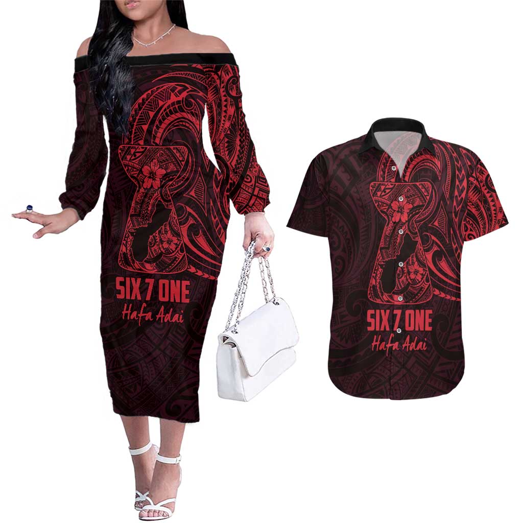 Oxblood Guam Latte Stone Tribal Tattoo Couples Matching Off The Shoulder Long Sleeve Dress and Hawaiian Shirt Hafa Adai Six 7 One LT9 Oxblood - Polynesian Pride