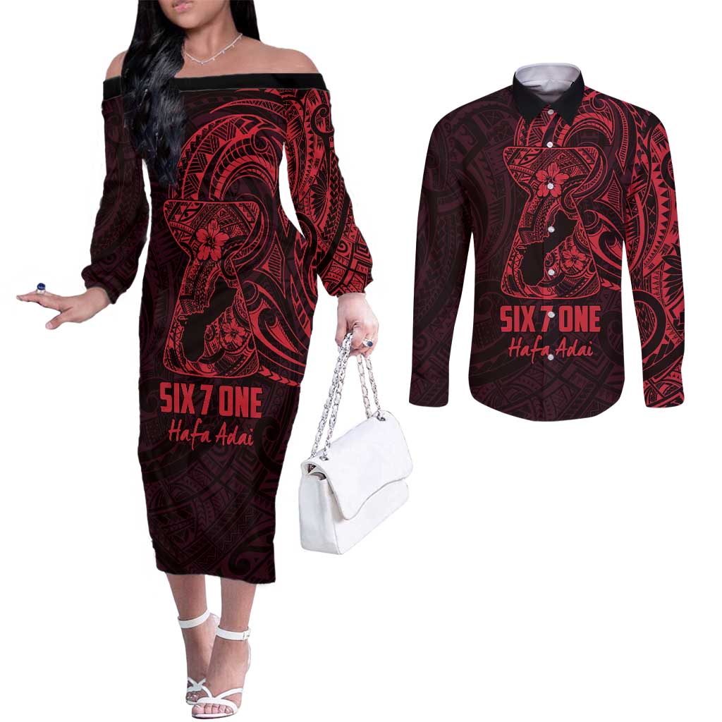 Oxblood Guam Latte Stone Tribal Tattoo Couples Matching Off The Shoulder Long Sleeve Dress and Long Sleeve Button Shirt Hafa Adai Six 7 One LT9 Oxblood - Polynesian Pride