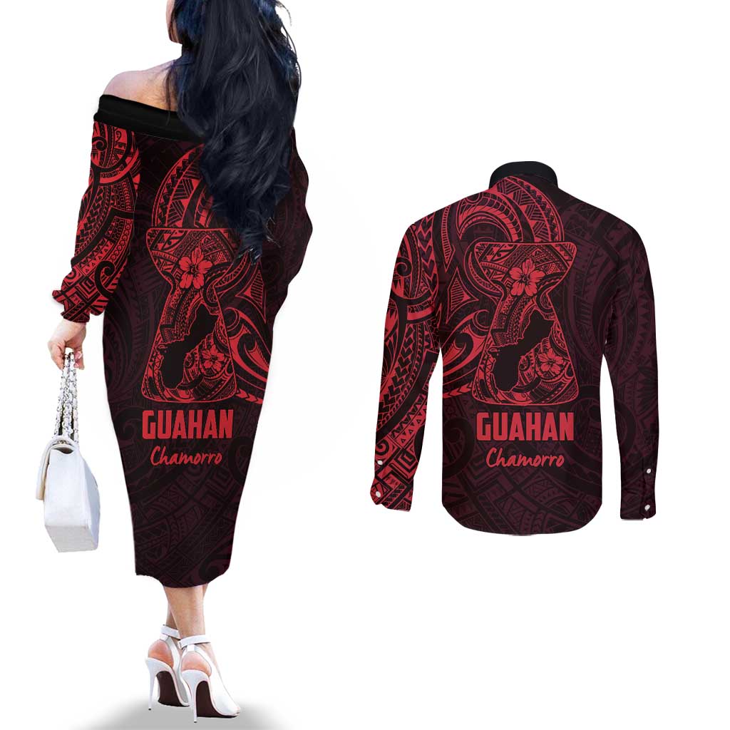 Oxblood Guam Latte Stone Tribal Tattoo Couples Matching Off The Shoulder Long Sleeve Dress and Long Sleeve Button Shirt Hafa Adai Six 7 One LT9 - Polynesian Pride