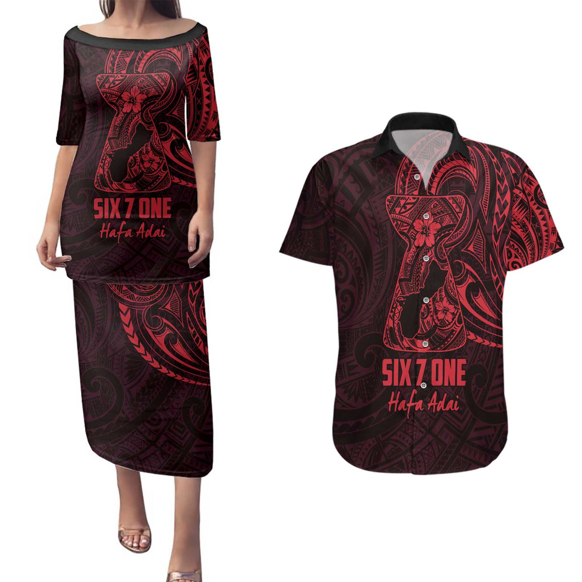Oxblood Guam Latte Stone Tribal Tattoo Couples Matching Puletasi and Hawaiian Shirt Hafa Adai Six 7 One LT9 Oxblood - Polynesian Pride