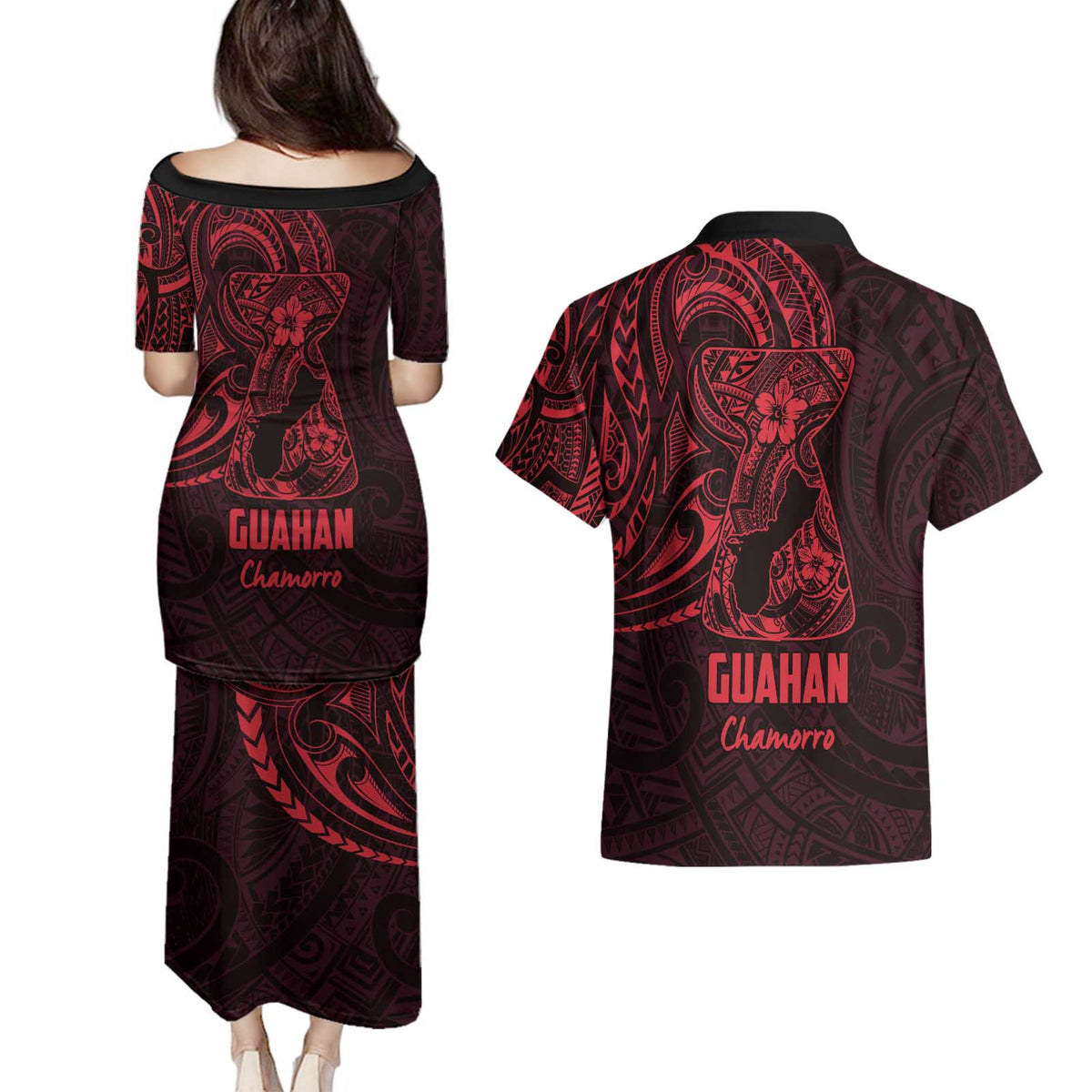 Oxblood Guam Latte Stone Tribal Tattoo Couples Matching Puletasi and Hawaiian Shirt Hafa Adai Six 7 One LT9 - Polynesian Pride