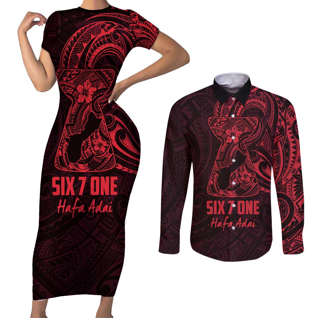 Oxblood Guam Latte Stone Tribal Tattoo Couples Matching Short Sleeve Bodycon Dress and Long Sleeve Button Shirt Hafa Adai Six 7 One LT9 Oxblood - Polynesian Pride