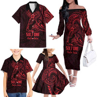 Oxblood Guam Latte Stone Tribal Tattoo Family Matching Off The Shoulder Long Sleeve Dress and Hawaiian Shirt Hafa Adai Six 7 One LT9 - Polynesian Pride