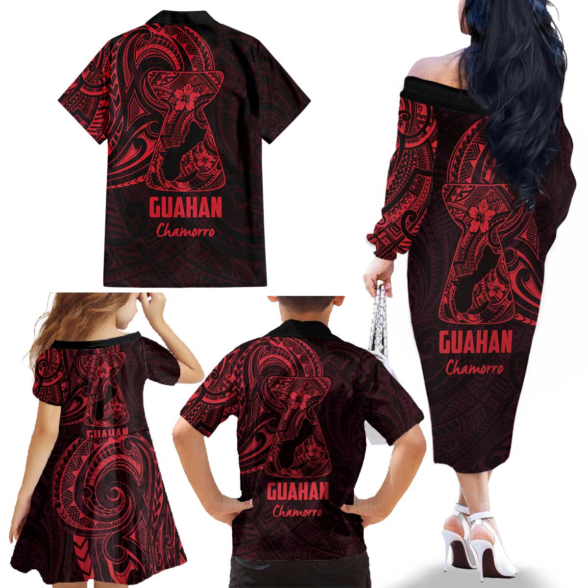 Oxblood Guam Latte Stone Tribal Tattoo Family Matching Off The Shoulder Long Sleeve Dress and Hawaiian Shirt Hafa Adai Six 7 One LT9 - Polynesian Pride