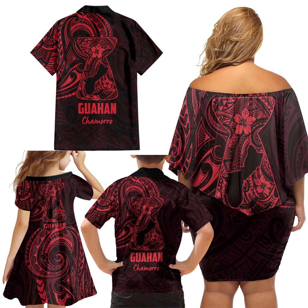 Oxblood Guam Latte Stone Tribal Tattoo Family Matching Off Shoulder Short Dress and Hawaiian Shirt Hafa Adai Six 7 One LT9 - Polynesian Pride