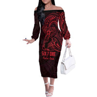 Oxblood Guam Latte Stone Tribal Tattoo Off The Shoulder Long Sleeve Dress Hafa Adai Six 7 One LT9 Women Oxblood - Polynesian Pride