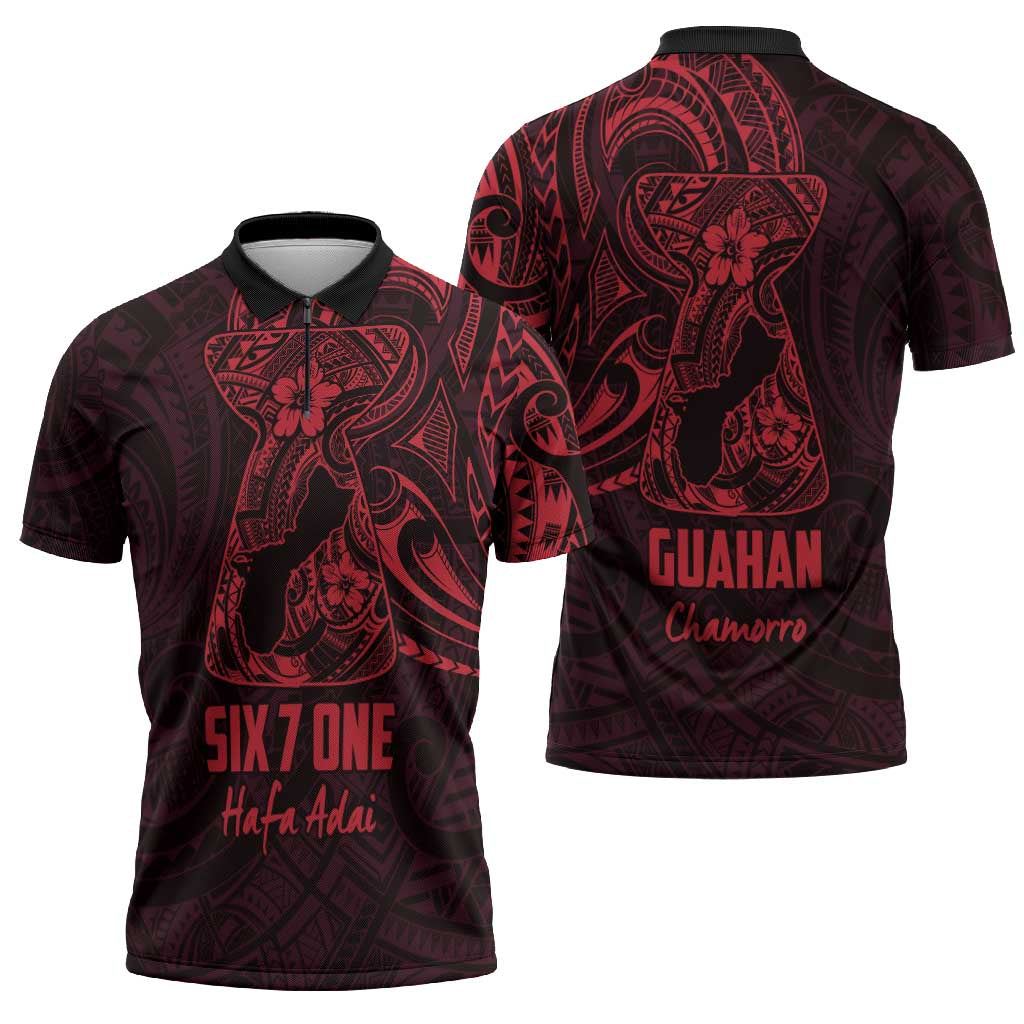Oxblood Guam Latte Stone Tribal Tattoo Zipper Polo Shirt Hafa Adai Six 7 One LT9 - Polynesian Pride