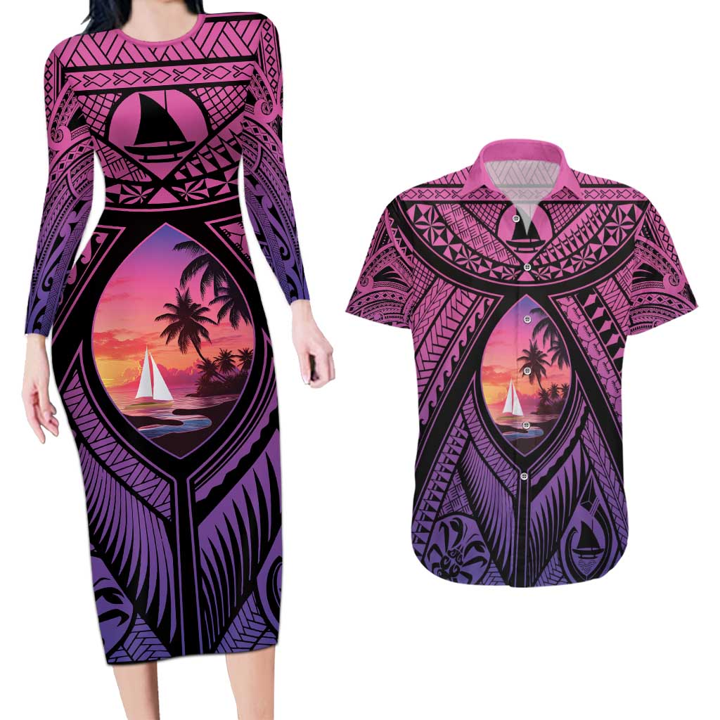 Guam Chamorro Artsy Couples Matching Long Sleeve Bodycon Dress and Hawaiian Shirt Guahan Sunset Beach LT9 Sunset - Polynesian Pride