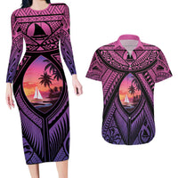 Guam Chamorro Artsy Couples Matching Long Sleeve Bodycon Dress and Hawaiian Shirt Guahan Sunset Beach LT9 Sunset - Polynesian Pride