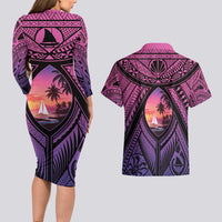 Guam Chamorro Artsy Couples Matching Long Sleeve Bodycon Dress and Hawaiian Shirt Guahan Sunset Beach LT9 - Polynesian Pride