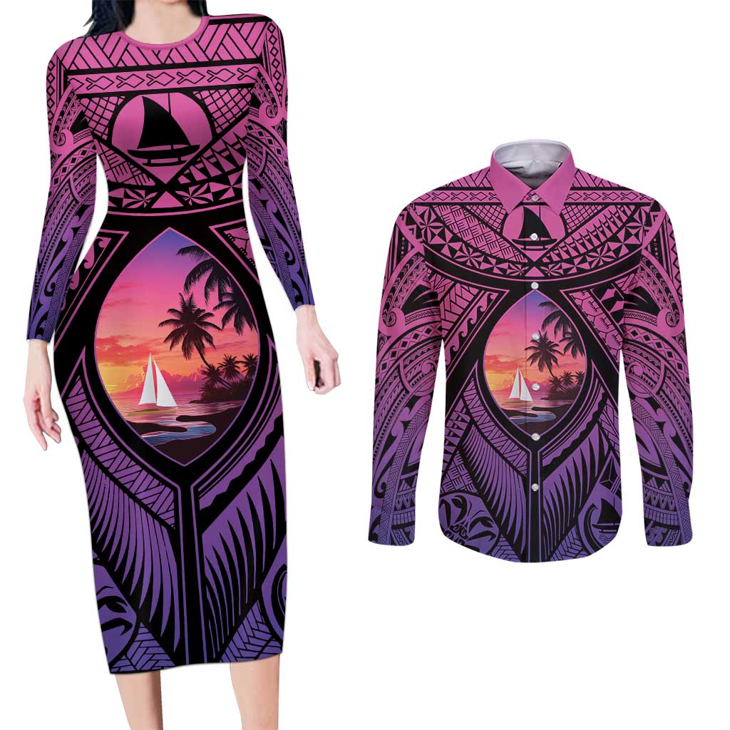 Guam Chamorro Artsy Couples Matching Long Sleeve Bodycon Dress and Long Sleeve Button Shirt Guahan Sunset Beach LT9 Sunset - Polynesian Pride