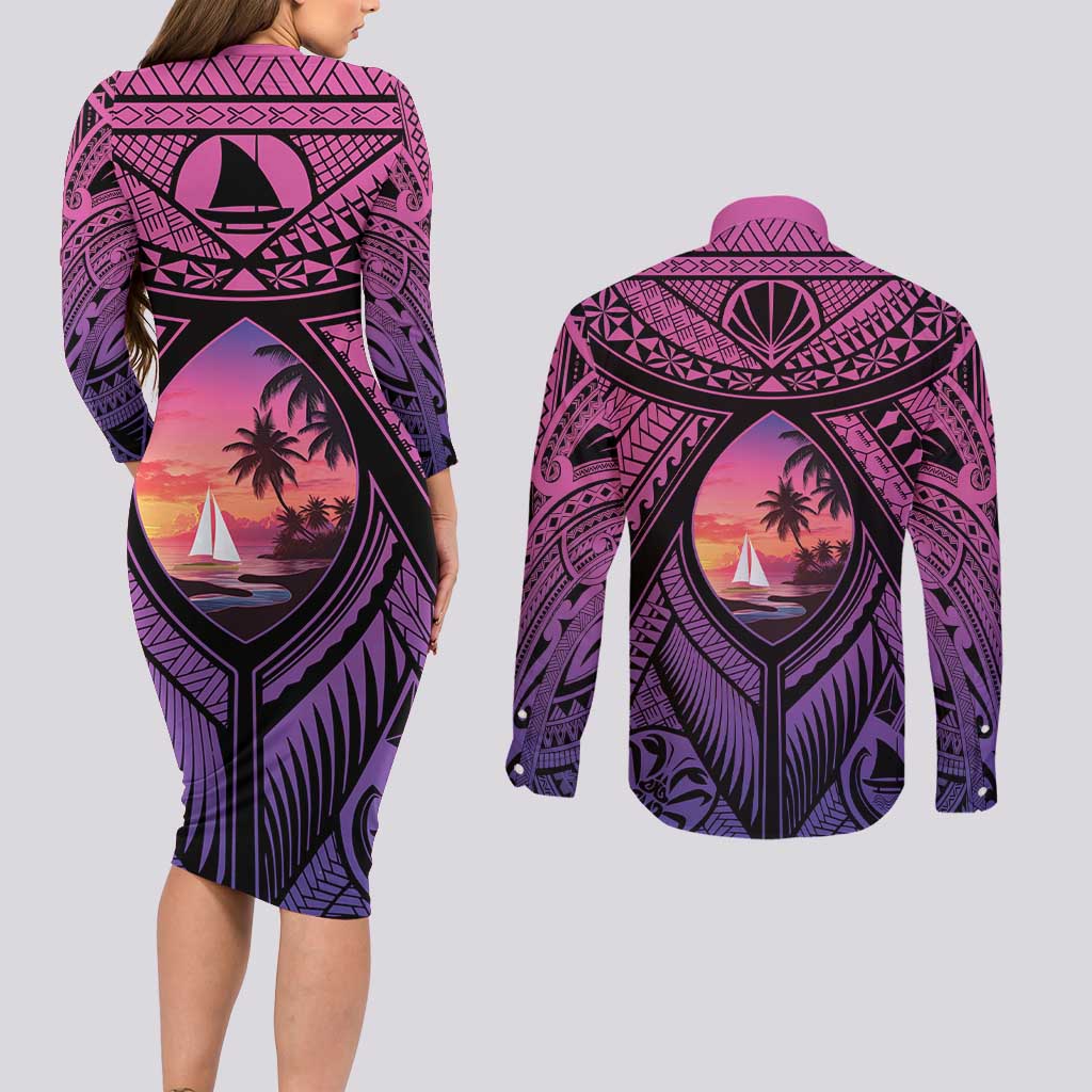 Guam Chamorro Artsy Couples Matching Long Sleeve Bodycon Dress and Long Sleeve Button Shirt Guahan Sunset Beach LT9 - Polynesian Pride