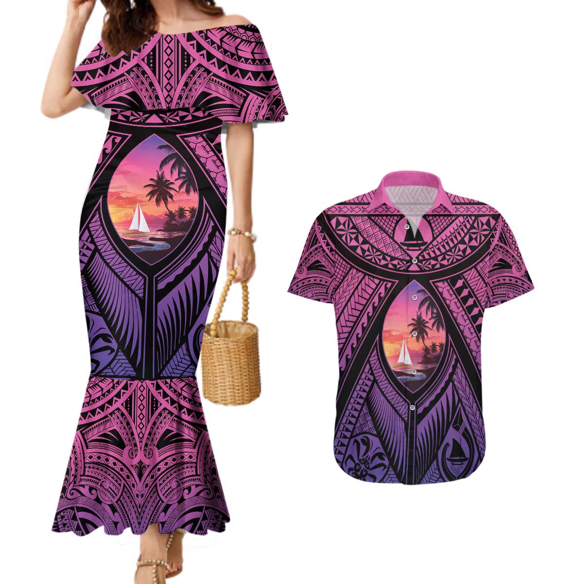 Guam Chamorro Artsy Couples Matching Mermaid Dress and Hawaiian Shirt Guahan Sunset Beach LT9 Sunset - Polynesian Pride