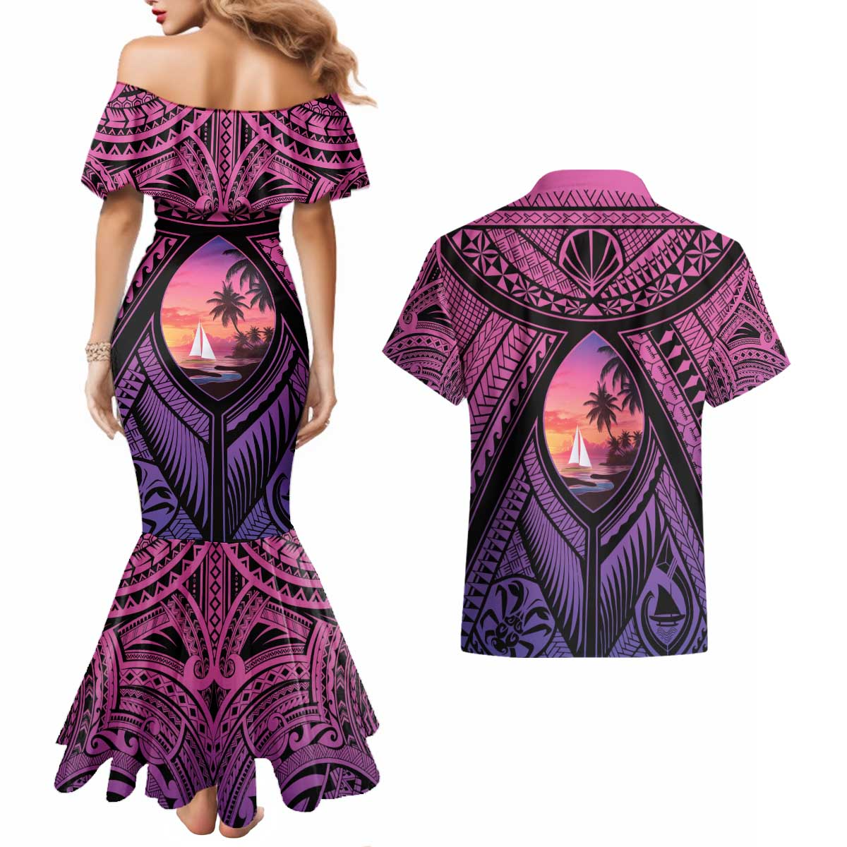 Guam Chamorro Artsy Couples Matching Mermaid Dress and Hawaiian Shirt Guahan Sunset Beach LT9 - Polynesian Pride