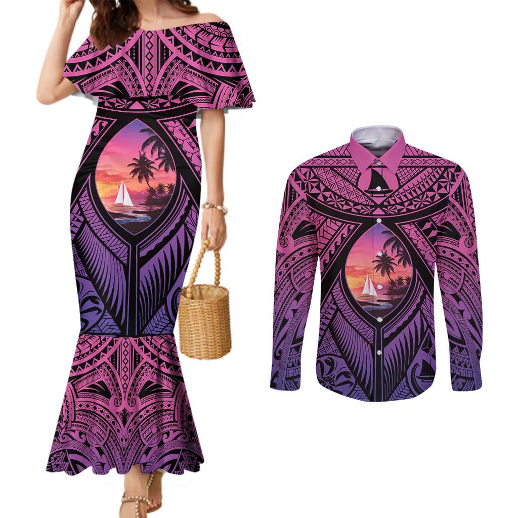 Guam Chamorro Artsy Couples Matching Mermaid Dress and Long Sleeve Button Shirt Guahan Sunset Beach