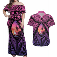 Guam Chamorro Artsy Couples Matching Off Shoulder Maxi Dress and Hawaiian Shirt Guahan Sunset Beach LT9 Sunset - Polynesian Pride