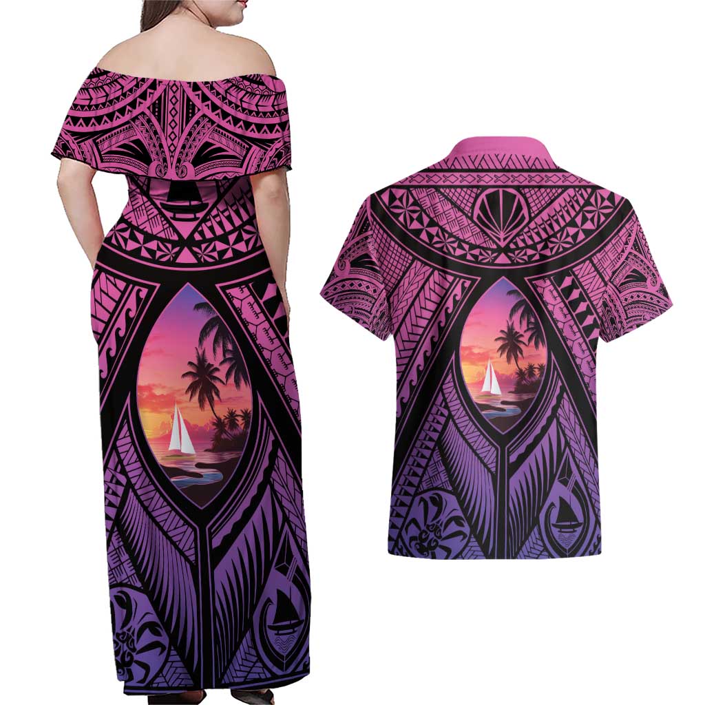 Guam Chamorro Artsy Couples Matching Off Shoulder Maxi Dress and Hawaiian Shirt Guahan Sunset Beach LT9 - Polynesian Pride