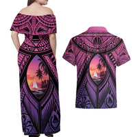 Guam Chamorro Artsy Couples Matching Off Shoulder Maxi Dress and Hawaiian Shirt Guahan Sunset Beach LT9 - Polynesian Pride