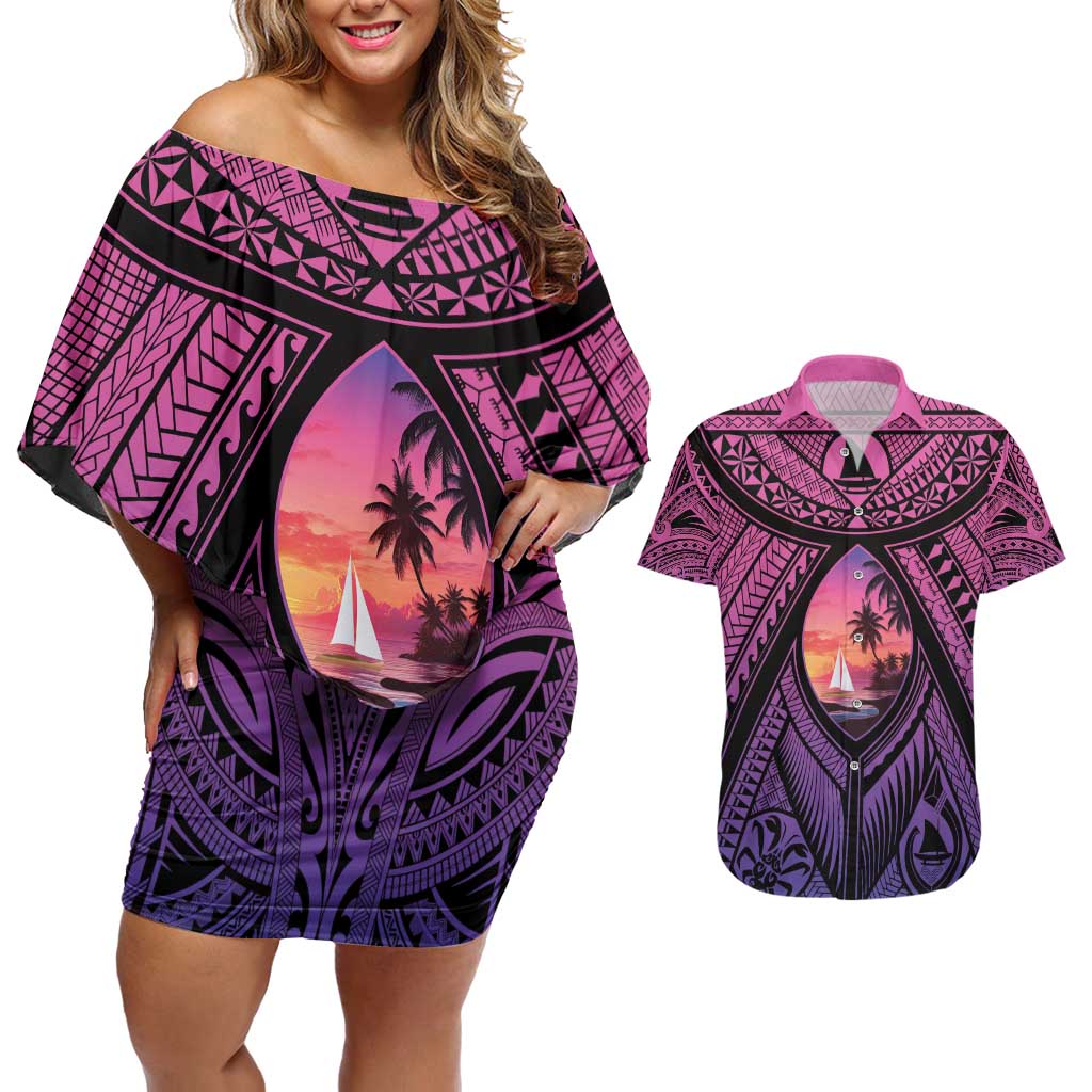 Guam Chamorro Artsy Couples Matching Off Shoulder Short Dress and Hawaiian Shirt Guahan Sunset Beach LT9 Sunset - Polynesian Pride
