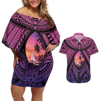 Guam Chamorro Artsy Couples Matching Off Shoulder Short Dress and Hawaiian Shirt Guahan Sunset Beach LT9 Sunset - Polynesian Pride