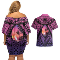 Guam Chamorro Artsy Couples Matching Off Shoulder Short Dress and Hawaiian Shirt Guahan Sunset Beach LT9 - Polynesian Pride