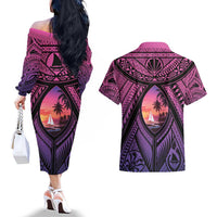 Guam Chamorro Artsy Couples Matching Off The Shoulder Long Sleeve Dress and Hawaiian Shirt Guahan Sunset Beach LT9 - Polynesian Pride