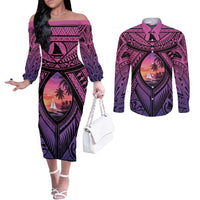 Guam Chamorro Artsy Couples Matching Off The Shoulder Long Sleeve Dress and Long Sleeve Button Shirt Guahan Sunset Beach LT9 Sunset - Polynesian Pride