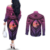 Guam Chamorro Artsy Couples Matching Off The Shoulder Long Sleeve Dress and Long Sleeve Button Shirt Guahan Sunset Beach LT9 - Polynesian Pride