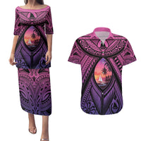 Guam Chamorro Artsy Couples Matching Puletasi and Hawaiian Shirt Guahan Sunset Beach