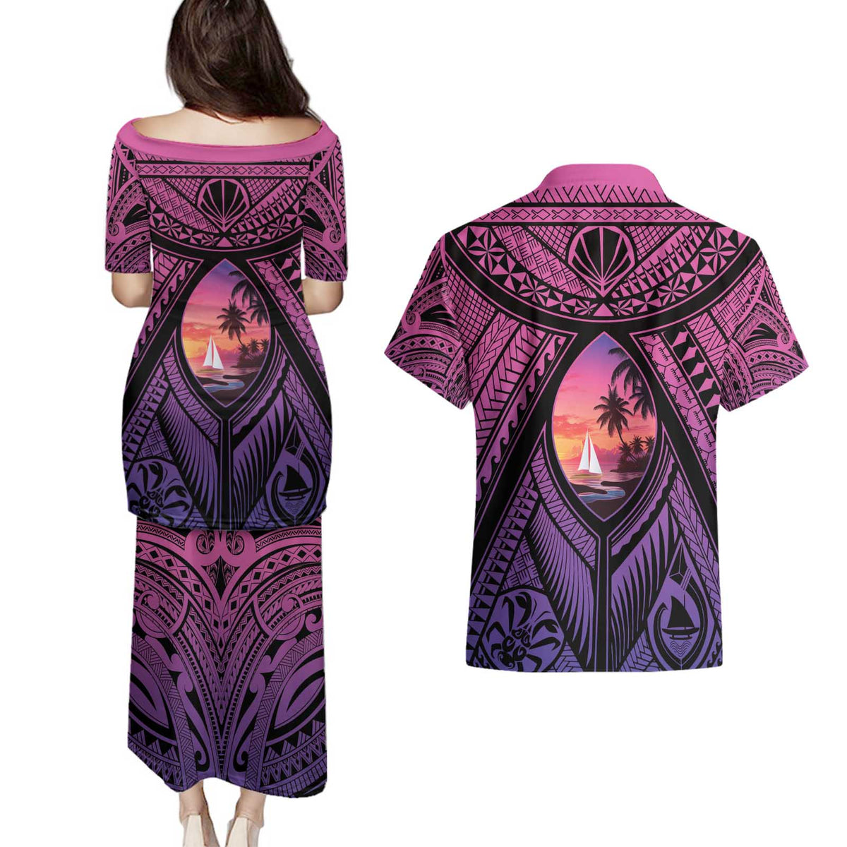 Guam Chamorro Artsy Couples Matching Puletasi and Hawaiian Shirt Guahan Sunset Beach