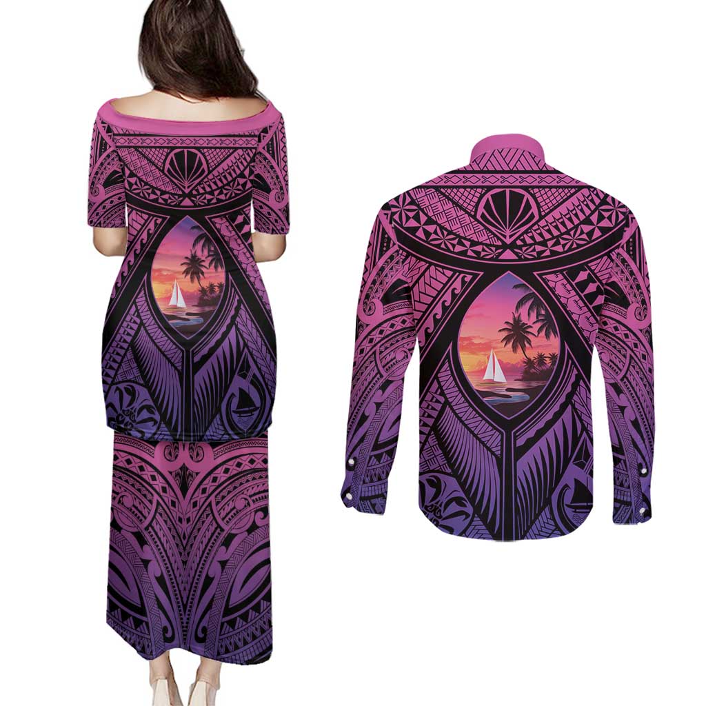 Guam Chamorro Artsy Couples Matching Puletasi and Long Sleeve Button Shirt Guahan Sunset Beach