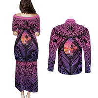 Guam Chamorro Artsy Couples Matching Puletasi and Long Sleeve Button Shirt Guahan Sunset Beach