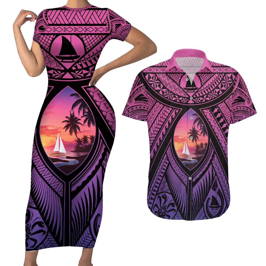 Guam Chamorro Artsy Couples Matching Short Sleeve Bodycon Dress and Hawaiian Shirt Guahan Sunset Beach LT9 Sunset - Polynesian Pride