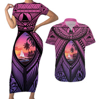 Guam Chamorro Artsy Couples Matching Short Sleeve Bodycon Dress and Hawaiian Shirt Guahan Sunset Beach LT9 Sunset - Polynesian Pride