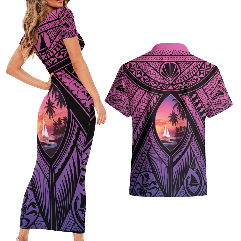 Guam Chamorro Artsy Couples Matching Short Sleeve Bodycon Dress and Hawaiian Shirt Guahan Sunset Beach LT9 - Polynesian Pride