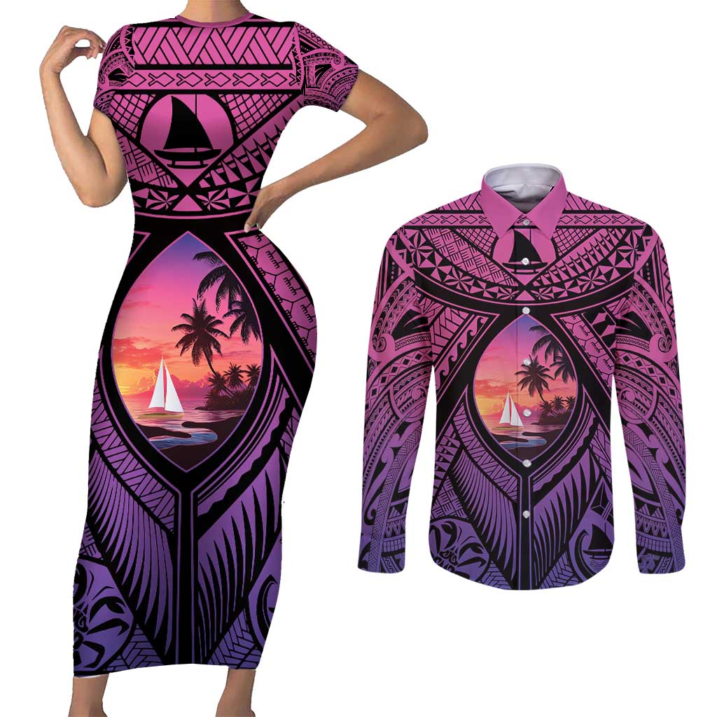 Guam Chamorro Artsy Couples Matching Short Sleeve Bodycon Dress and Long Sleeve Button Shirt Guahan Sunset Beach LT9 Sunset - Polynesian Pride