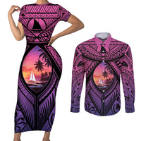 Guam Chamorro Artsy Couples Matching Short Sleeve Bodycon Dress and Long Sleeve Button Shirt Guahan Sunset Beach LT9 Sunset - Polynesian Pride