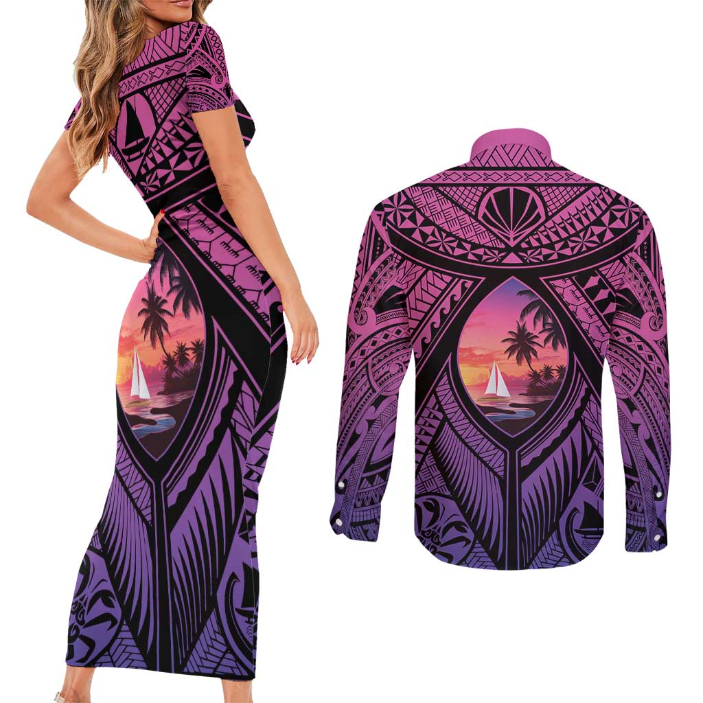 Guam Chamorro Artsy Couples Matching Short Sleeve Bodycon Dress and Long Sleeve Button Shirt Guahan Sunset Beach LT9 - Polynesian Pride