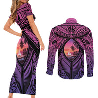 Guam Chamorro Artsy Couples Matching Short Sleeve Bodycon Dress and Long Sleeve Button Shirt Guahan Sunset Beach LT9 - Polynesian Pride