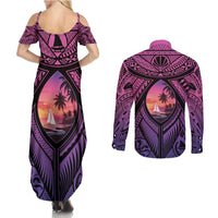 Guam Chamorro Artsy Couples Matching Summer Maxi Dress and Long Sleeve Button Shirt Guahan Sunset Beach