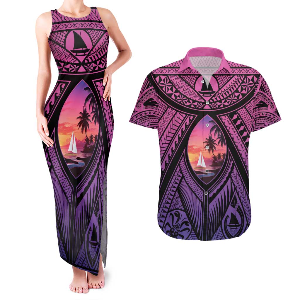 Guam Chamorro Artsy Couples Matching Tank Maxi Dress and Hawaiian Shirt Guahan Sunset Beach LT9 Sunset - Polynesian Pride
